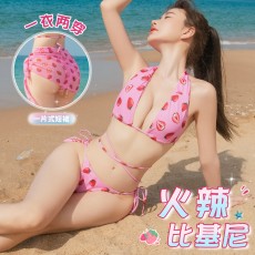 【天猫】曼烟夏日情趣内衣性感沙滩海边草莓系带比基尼泳衣制服套装9659
